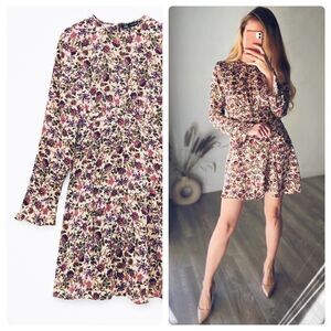 ZARA Short Satin Floral Print Dress New Small